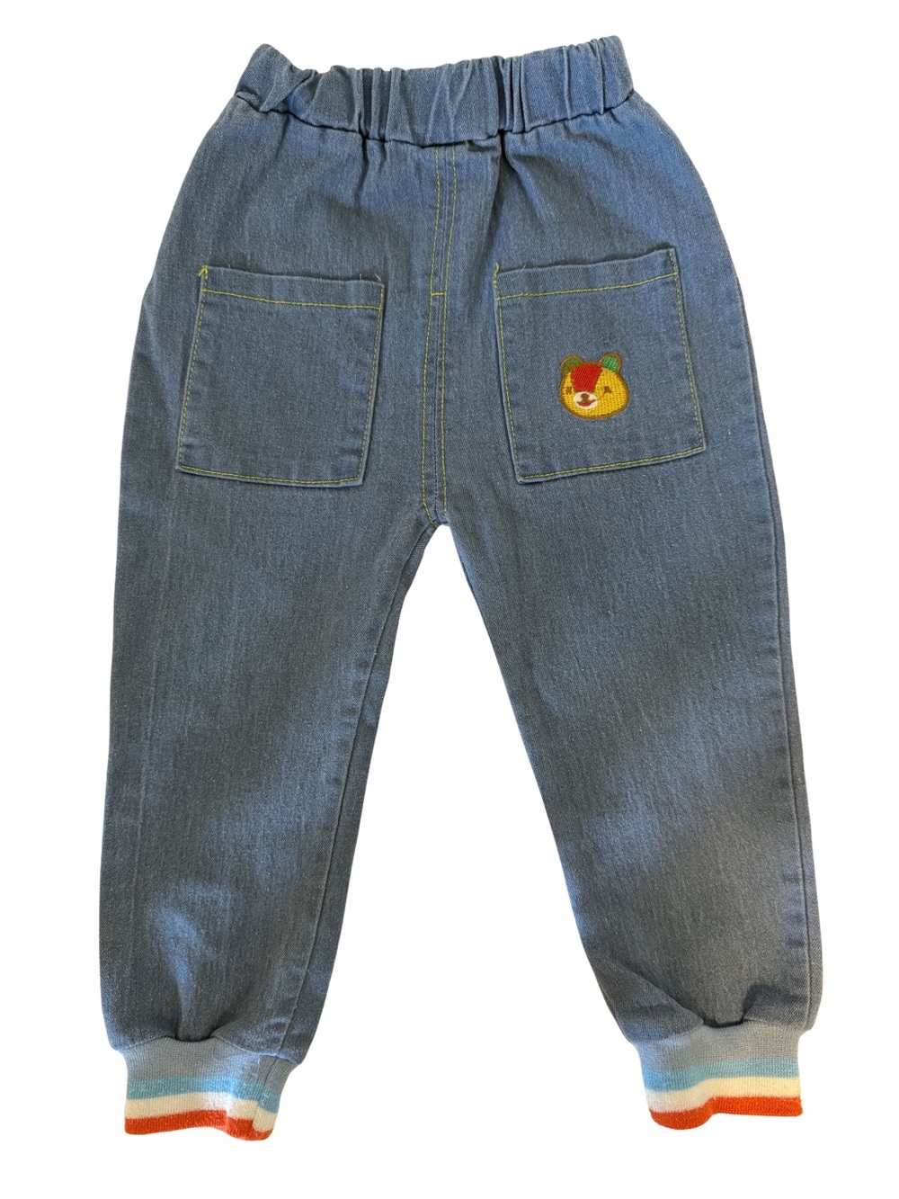 ~ MiniOlie Bear Embroidery Pull-On Denim Jogger Pants Rainbow Cuffs